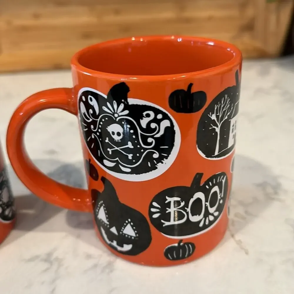 Crate & Barrel Halloween mugs BOO PUMPKINS Orange Black 14 oz x3